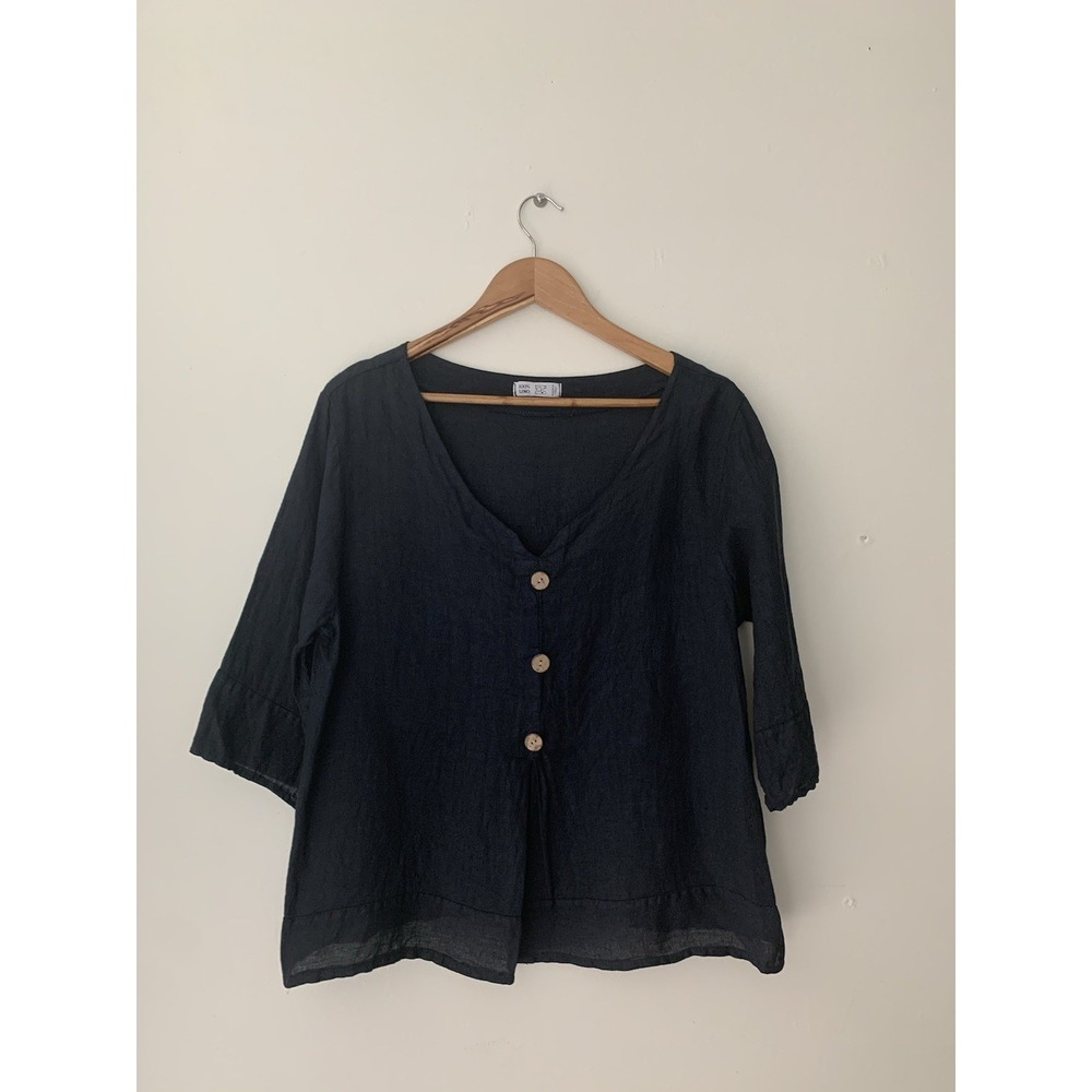 100% Lino Top Navy Three Button 3/4 Sleeve Top Summer Resort Lagenlook Italy